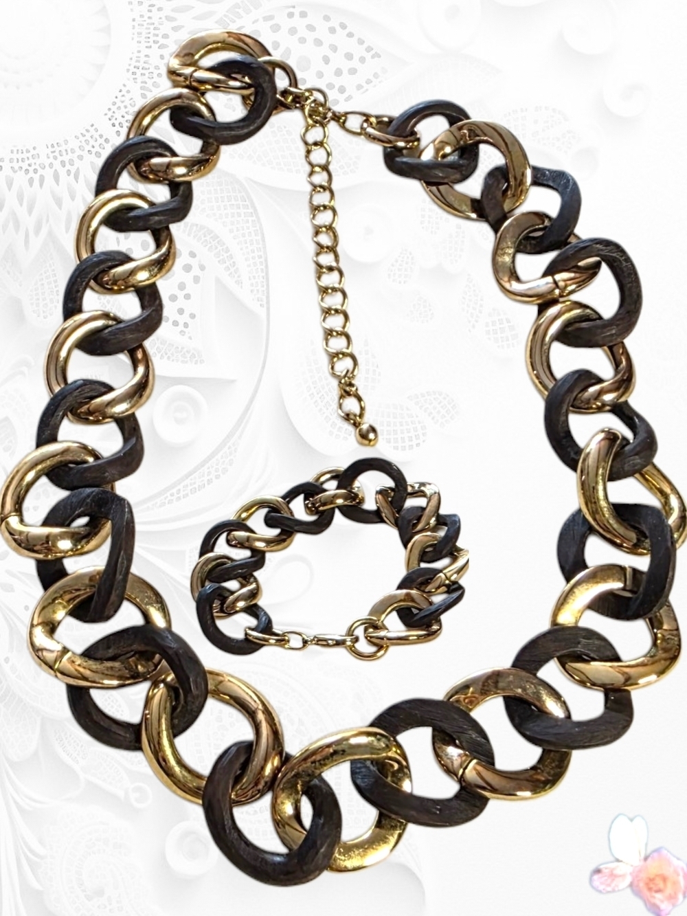 Chunky Link Necklace Bracelet Set Gold Tone Wood Chain Statement